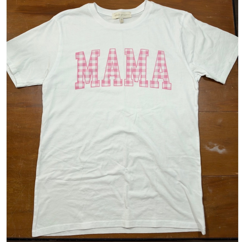 State of Mine Mama Graphic T-Shirt Womens XS White Pink Gingham Excellent Casual